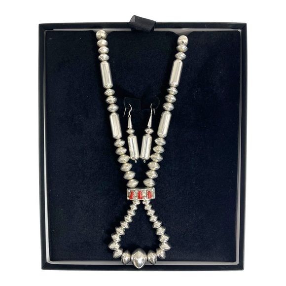 Vintage Mexican Sterling Silver Reversible Necklace Earring Set Turquoise Coral
